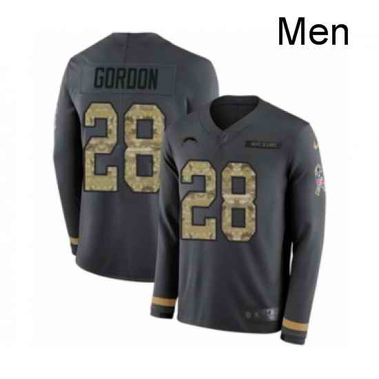 Men Nike Los Angeles Chargers 28 Melvin Gordon Limited Black Salute to Service Therma Long Sleeve NFL Jersey